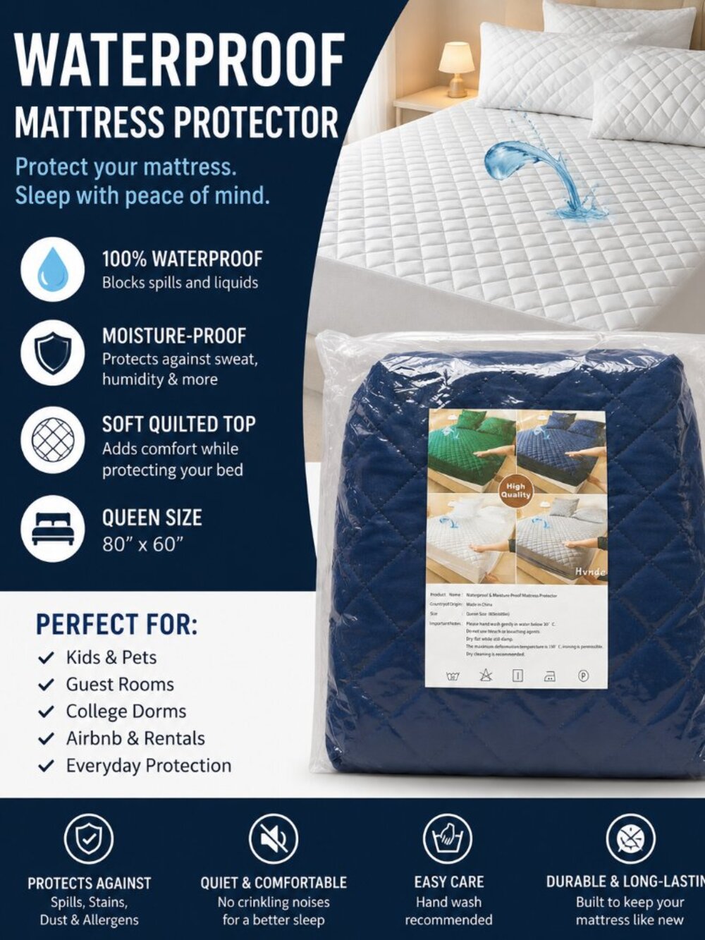 Waterproof Queen Mattress Protector Quilted Mattress Pad Cover Navy Blue NWT